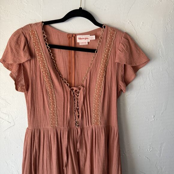 Showpo Dress Festival Small Pink Mauve Boho Flutter Sleeve Lace Up Mini Casual - Picture 2 of 10